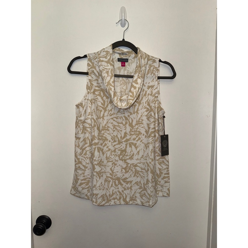 NWT Vince Camuto Natural Sand Palm Leaf Print Cowl Neck Blouse Top Shell XS